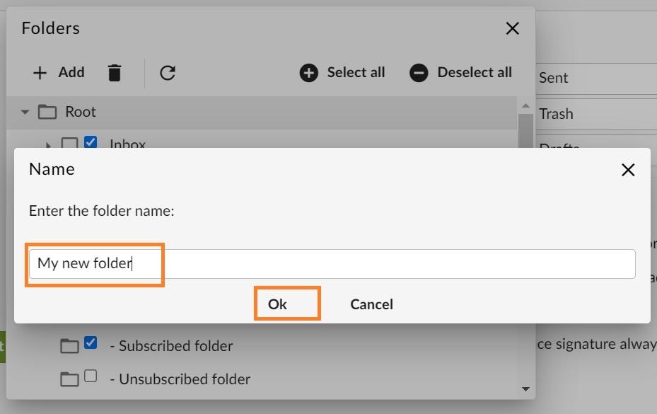 Webmail - Email tab - email account properties - Folders - enter the folder name.jpg