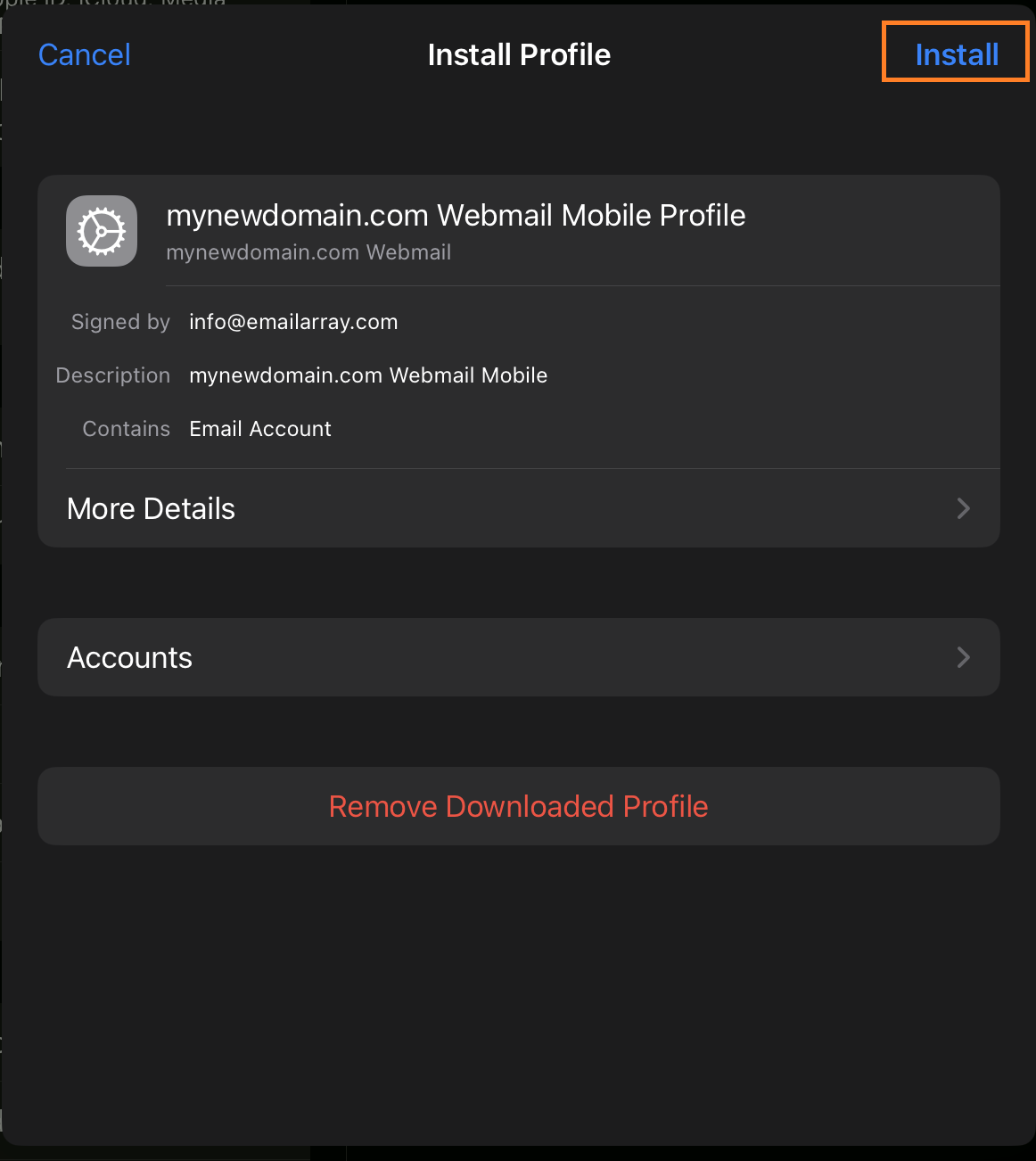 iOS - Confirm email account installation on your device using the downloaded profile.png