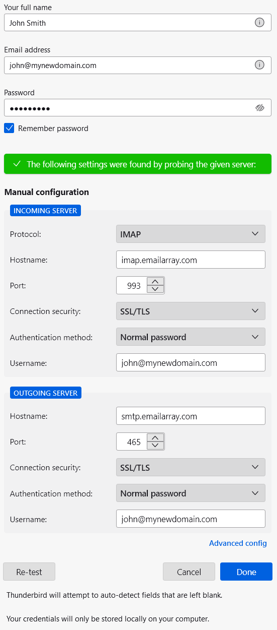 Thunderbird - Setup - step 3 - re-test to auto-fill unknown fields like ports and authentication method.PNG