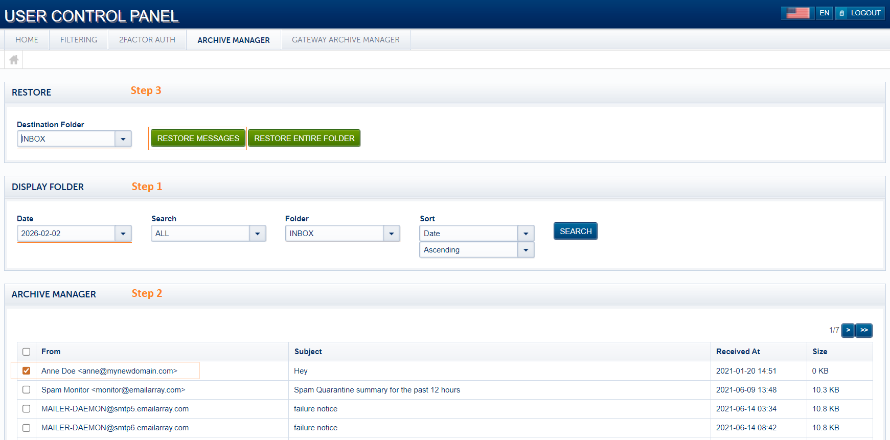 User Panel - Archive Manager - select messages to be restored to the selected destination folders - explained.png