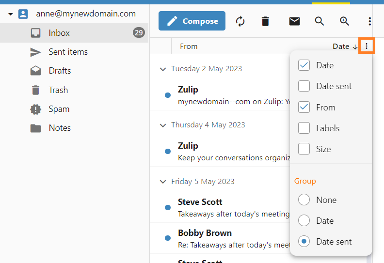 webmail - message list - visible columns and group by.png