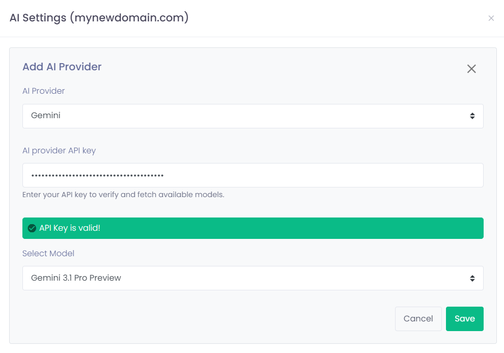 Admin Panel - Domain list - AI Settings - Add key and choose model.PNG
