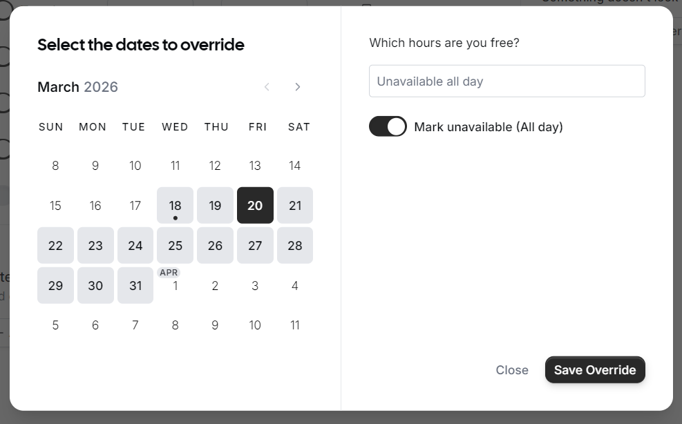 EasyMeet - 1 - setup your working hours - add an exception to override the existing schedule.PNG