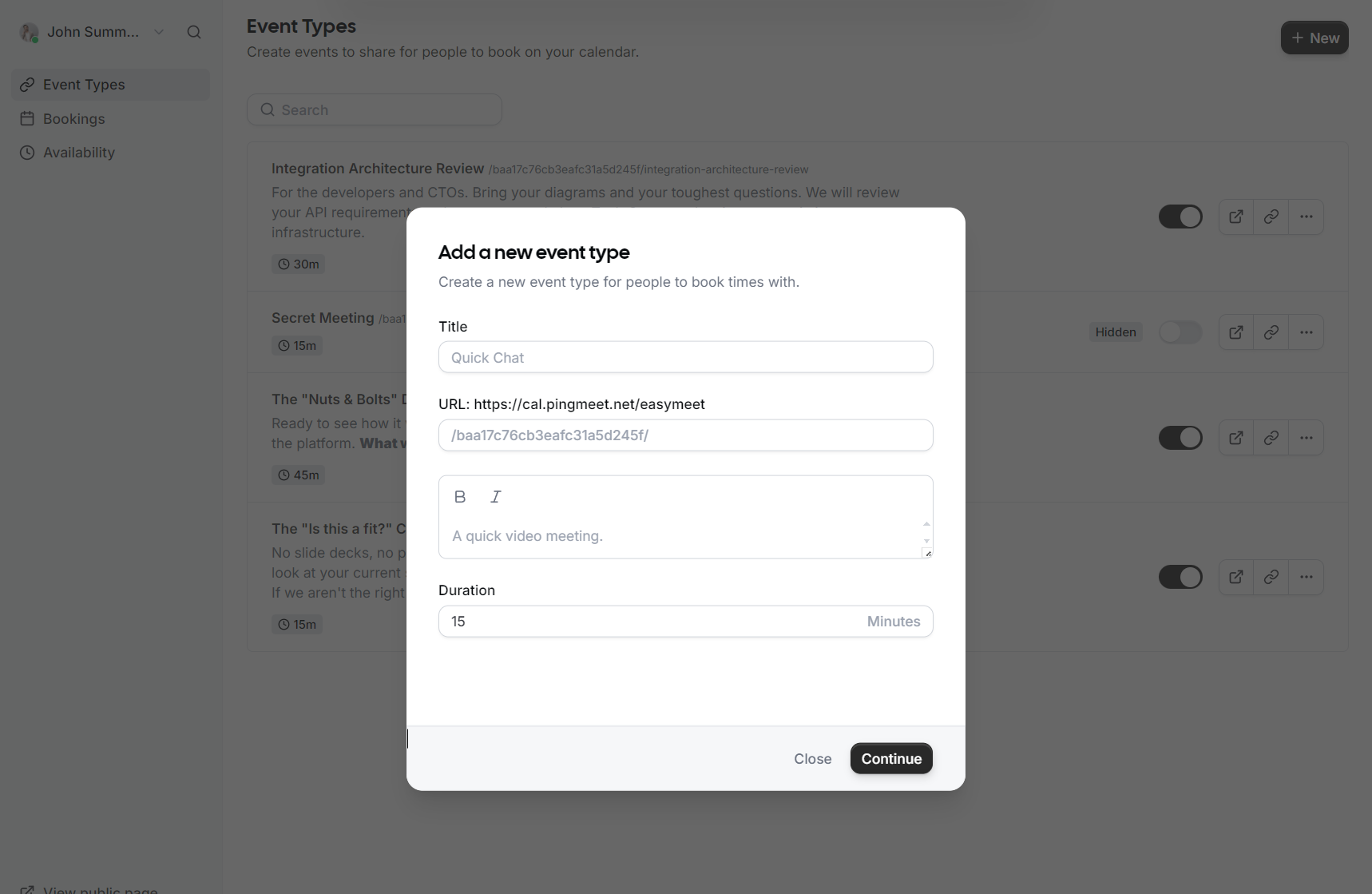 EasyMeet - 2 - Add event types - type of meetings your customers can schedule.PNG
